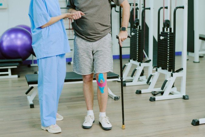 Therapist assisting a patient with balance and gait training